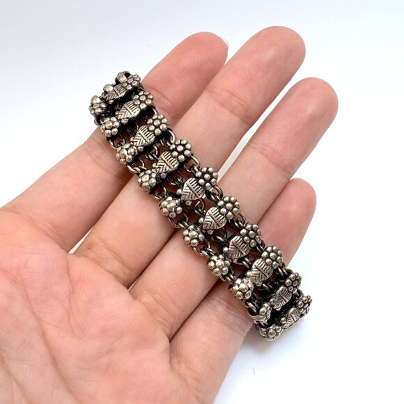 VTG Sterling Silver 925 Heart Flower Design Vintage Link Bracelet Hook Clasp 8" - Picture 6 of 9